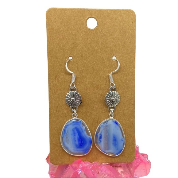 Blue Agate Stone Dangle Drop Earrings 925 Sterling Silver Overlay Boho Long - Picture 1 of 4